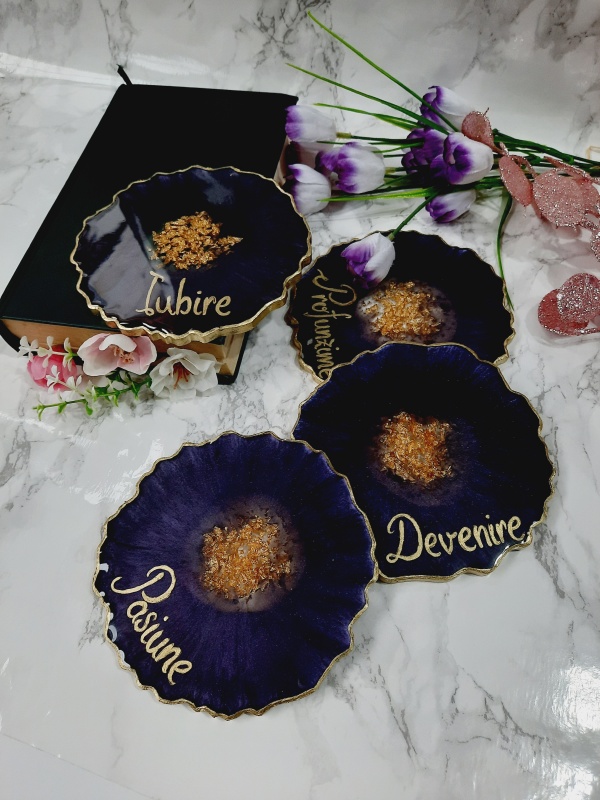 Dark Purple and Gold Words - 4 pieces Resin Coasters