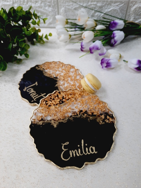 Black and Gold and Names - 2 pieces Resin Coasters