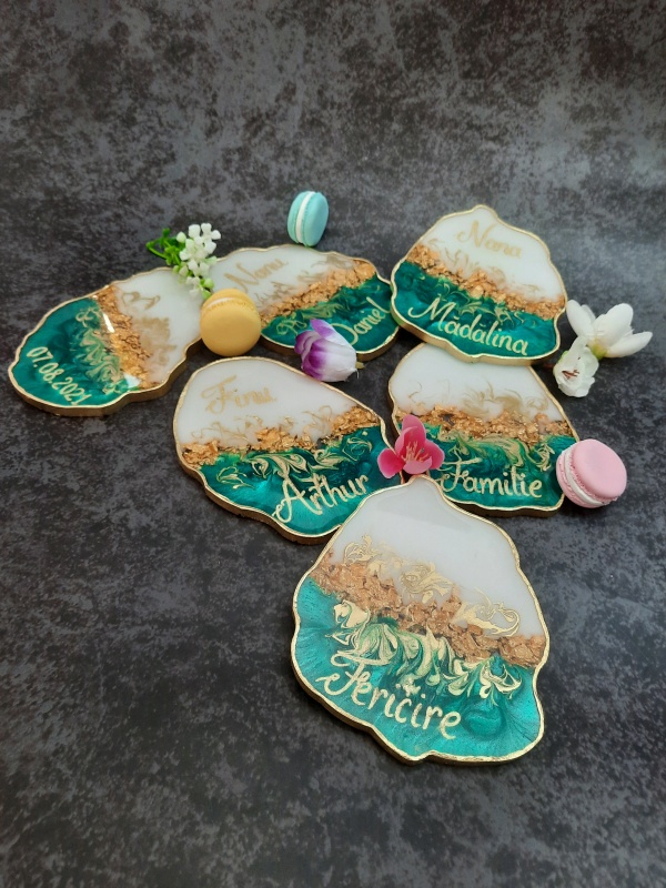 Peacock Green and Customized Words - 6 pieces Resin Coasters