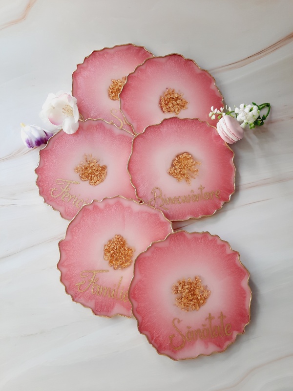 Electric Pink and Gold Words - 6 pieces Resin Coasters