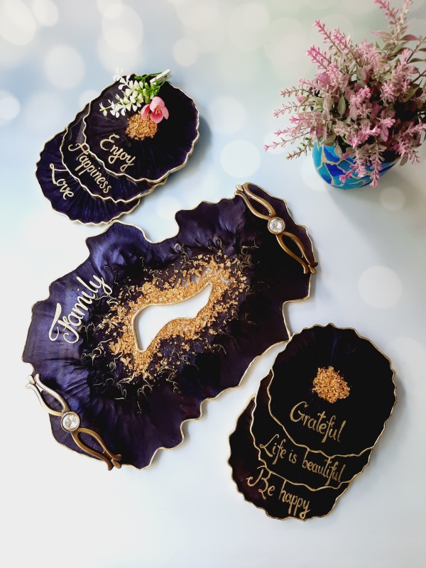 Dark Purple - Vanity Tray and 6 Resin Coasters