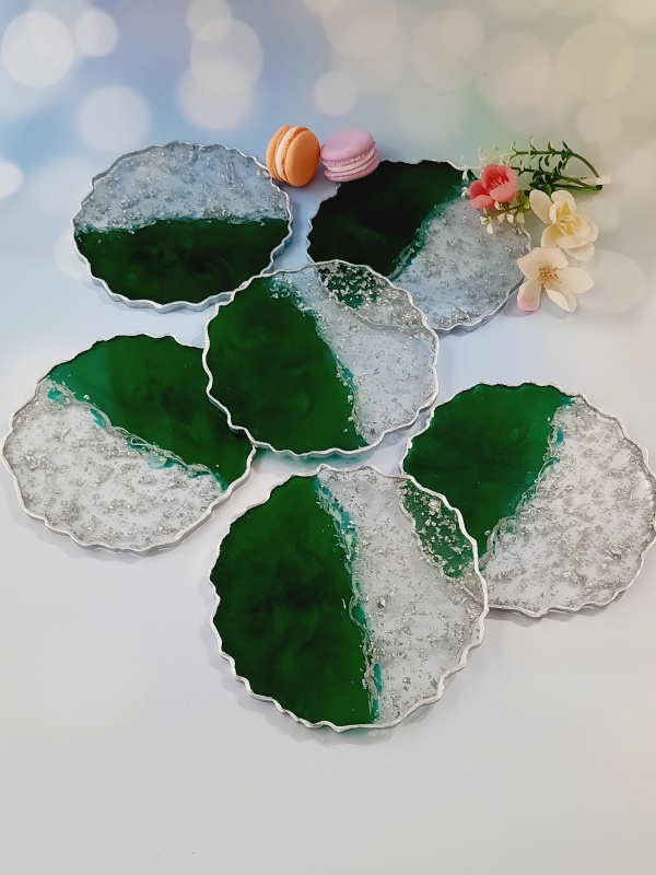 Emerald and Silver - 6 pieces Resin Coasters