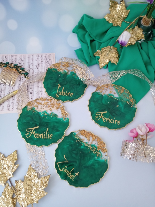 Emerald Beauty and RO Gold Words - 4 pieces Resin Coasters