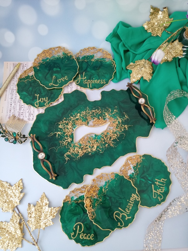 Emerald Beauty  - Vanity Tray and 6 Resin Coasters