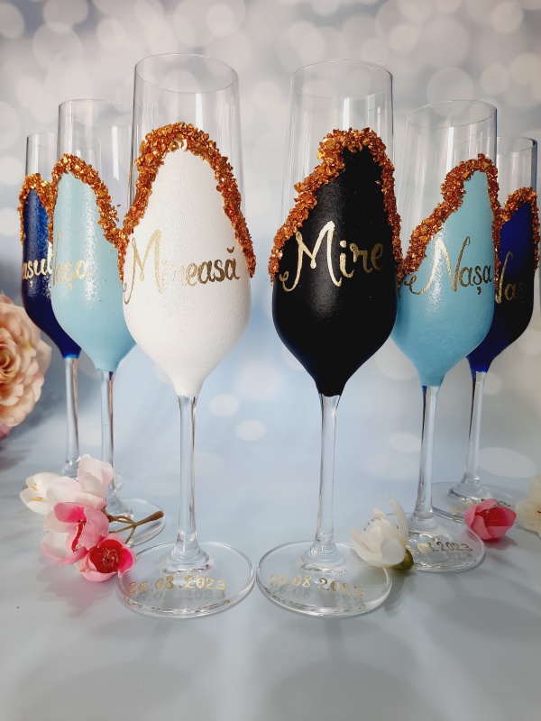 Set 6 pahare personalizate pentru nunta – miri, nași sau părinți